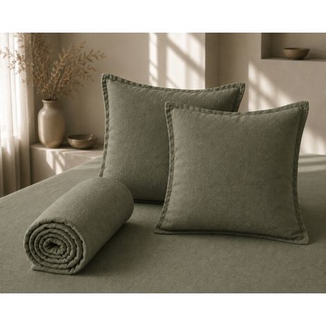 Parure Drap Housse 140 x 190 cm + 2 Taies 60x60 cm 100% Lin Français - Thym