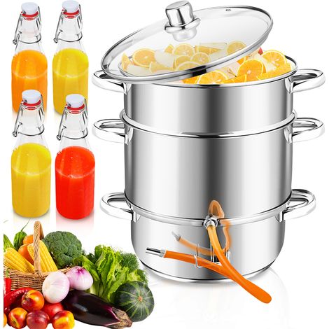 TolleTour Centrifugeuse à vapeur 8 L en acier inoxydable avec 4 bouteilles à bouchon mécanique – Centrifugeuse pour fruits et légumes, Ø 26 cm, lavable au lave-vaisselle, compatible avec tous les type (1/5)