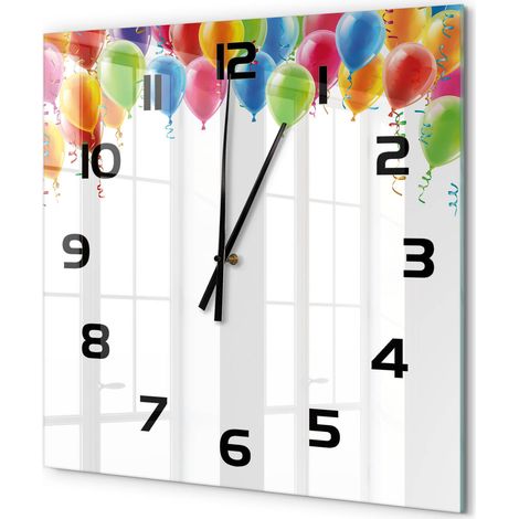 Grande Horloge Murale Carrée Verre Trempé Haute Qualité Silencieuse Design Moderne Ballons colorés 60x60 cm (1/5)