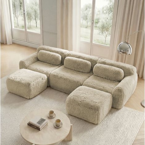 Canapé modulaire en U kaki clair en peluche sans montage avec coussins (1/5)