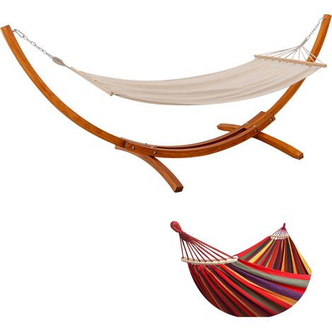 HOMAVO Hamac sur Pied, 2 Hamacs Inclus(Beige+Rouge), Supporte 200 kg, Support en Bois 320×120×120 cm, Tissu