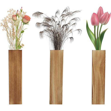 Lot de 3 vases muraux modernes en bois pour plantes d'intérieur - 2,5 x 5,6 x 29,5 cm - Dimensions intérieures : 2,5 x 5,6 x 29,5 cm - Pot mural pour fleurs séchées et plantes vertes (1/5)