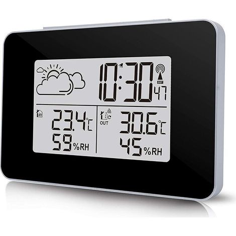 Station Météo sans Fil, Horloge Météo Multifonctionnelle Numérique avec Météo Extérieure/Température/Humidité/Rétro-éclairage/Alarme Roupillon Une Fonction (Noir) (1/5)