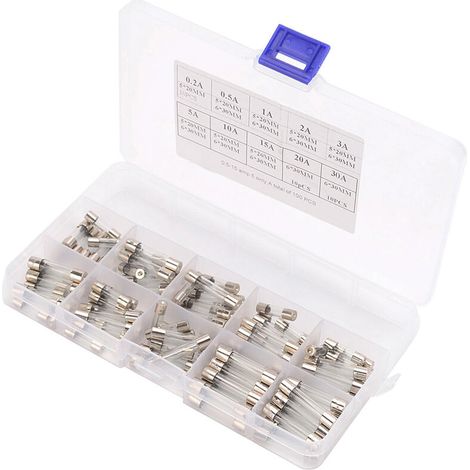 Fusible Verre - 5 x 20 mm - 0,5 A à 30 A - 10 valeurs - Boîte Organisatrice Transparente - 100 pièces (1/5)