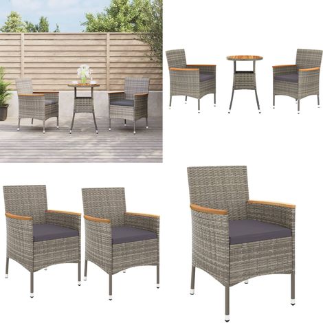 3-tlg. Garten-Bistro-Set mit Kissen Grau Poly Rattan - Gartensitzgruppe - Outdoor Möbel - Bistroset - Gartenmöbel - Polyrattan - Home & Living