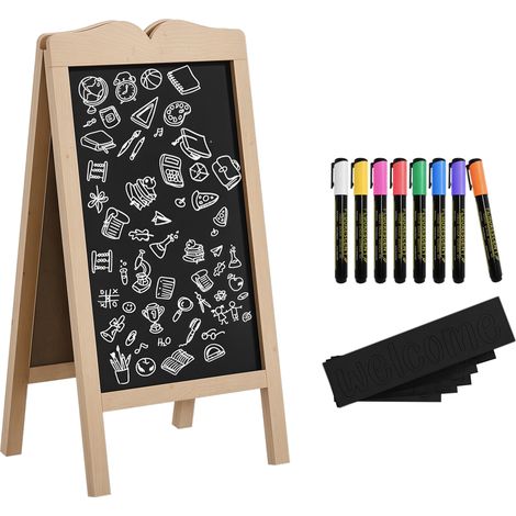 Chevalet tableau double avec cadre en bois pliable, 8 craies liquides et 6 modèles, 51 x 60 x 101 cm, naturel (1/5)