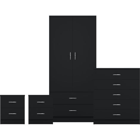 Riano 4 Piece Bedroom Set (2 Drw Bedside Chest, 5 Drw Chest, 2 Dr 2 Drw Wardrobe), Black (1/3)