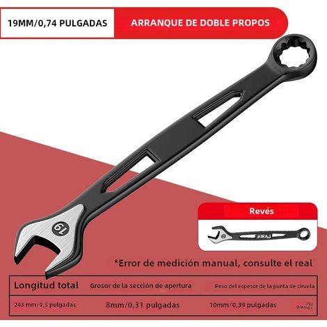 Clé à cliquet double extrémité (19 mm), outil de réparation automobile général de qualité industrielle, en acier au carbone. (1/5)