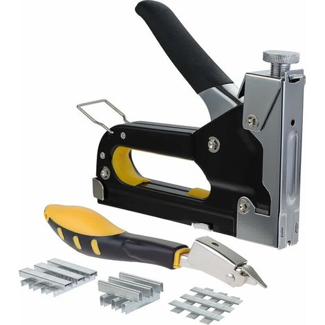 Stapler 3 in 1 manual gun with remover and 600 staples, furniture stapler fixing decoration carpentry Guazhuni (Black)