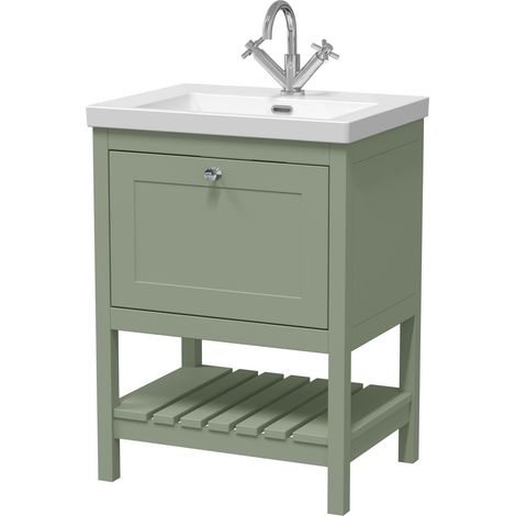 Coppenhall Contemporary 1 Drawer Floor Standing Vanity Unit with Fireclay Basin, Fern Green, 600mm