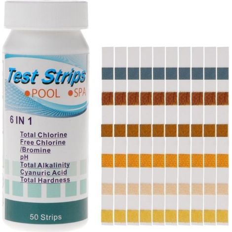 Bandelettes de test d'eau 6 en 1 pour piscine et spa - Mesure chlore, brome, alcalinité, dureté et acide cyanurique (1/5)