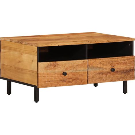 Mesa de centro de diseño rústico con cajones 80 x 54 x 40 cm madera maciza de acacia marrón y hierro DEC037183