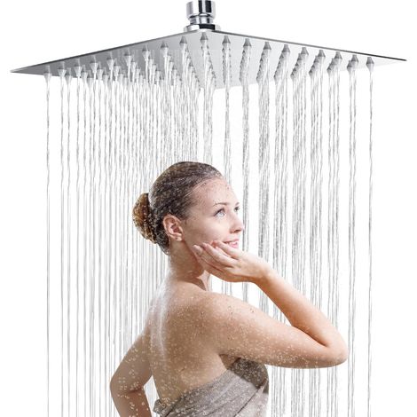 Tete de Douche Inox - Douche Economie d'Eau, Pommeau de Douche Carré 25CM, Tete de Douche Pluie Universelle Filetage 1/2 Pouce, Rotatif 360°, Inclinable 30°, Facile à Installer et à Nettoyer (1/5)