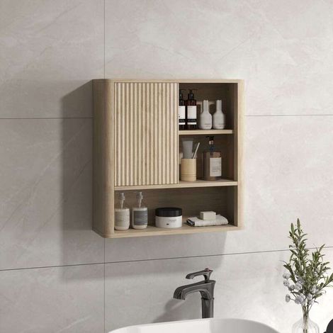 Armoire Murale de Salle de Bain - Étagères Réglables, Porte Coulissante et Compartiments Ouverts, en Bois Naturel 60L x 20l x 62H cm (1/5)