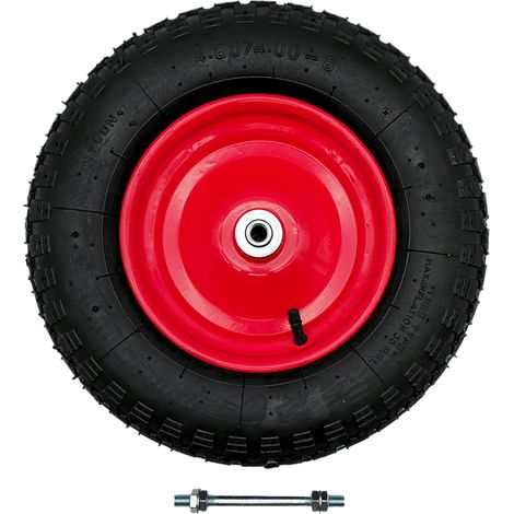 Roue de rechange pour brouette avec axe - Pneus à air 4,8/4,00-8 - Pneus avec jante en métal et roulement à billes - Roue en caoutchouc - Brouette - Diable - 2 pneus - Rouge - Diamètre : 390 mm (1/5)