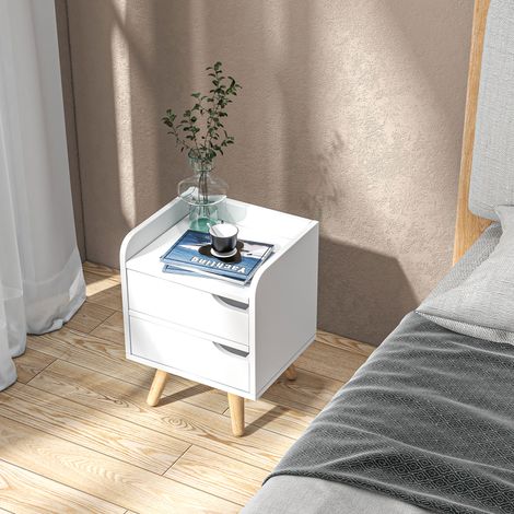 Table de chevet gain de place, table de nuit moderne avec 2 tiroirs, design épuré, bois blanc, pieds en pin, 33 x 28 x 42 cm, blanc