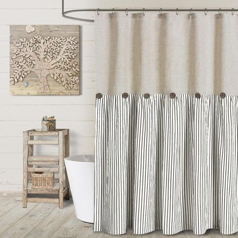 Rideau de douche pour salle de bain avec œillets, tissu en coton et lin tissé, rayures noires, style rustique (noir, 183 cm de long x 183 cm de large) (1/5)