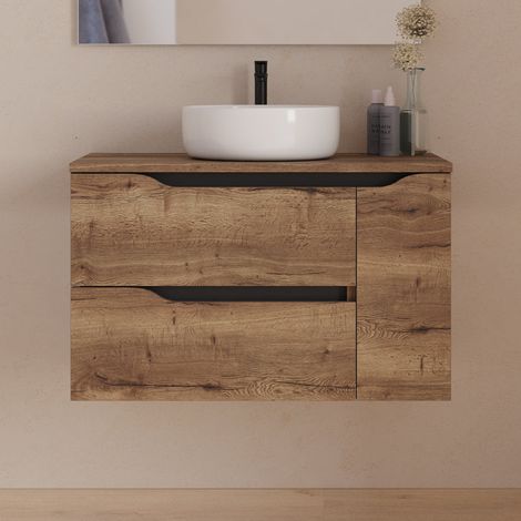 Meuble de salle de bain 80cm avec plateau et vasque à poser centrée Ares - sans miroir - 2 tiroirs et un placard - tabaco (bois foncé) - ZARZA