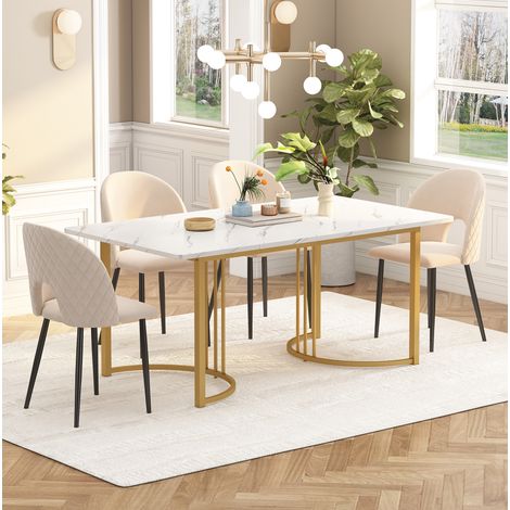 Tavolo da pranzo 140 x 80 cm, piano in MDF effetto marmo bianco, gambe in metallo dorato HAVRYA (1/5)