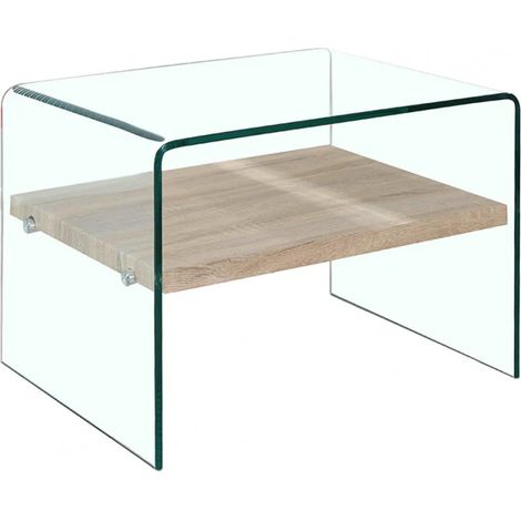 Table d'appoint H. 48 cm en verre trempé et étagère décor chêne - ICE (1/5)