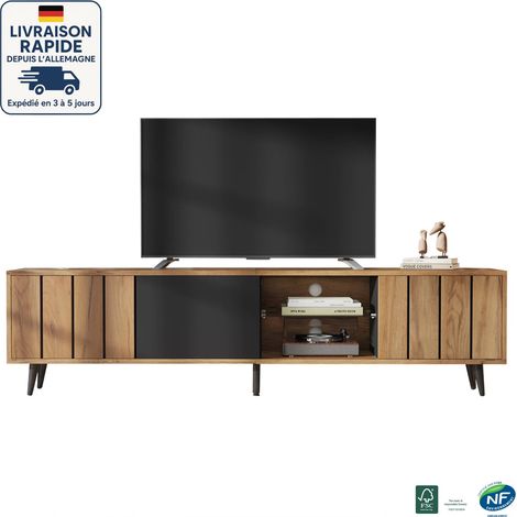 Meuble TV 175cm - Extérieur en bois - Cloison en verre trempé - Pieds en métal - Grand espace de rangement - Design minimaliste - Bois Certifié PEFC (1/5)