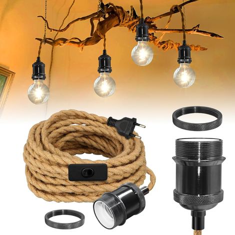 Industrial Brass Pendant Lamp, 5.1 m Hemp Rope Cable Retro Chandelier, E27 Black Copper Pendant Light Vintage with Socket and Switch for Bedroom Kitchen (1/5)