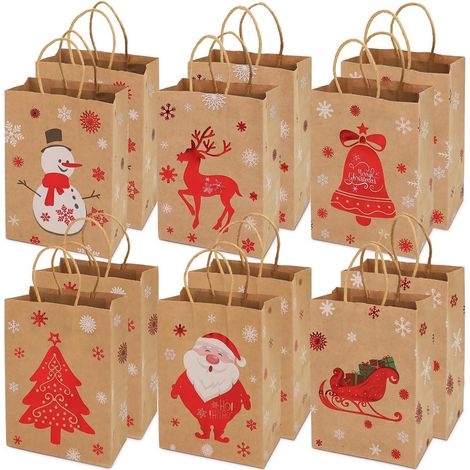 Lot de 12 sacs cadeaux de Noël en papier kraft assortis avec poignées, motifs imprimés, pour friandises et fêtes (1/5)