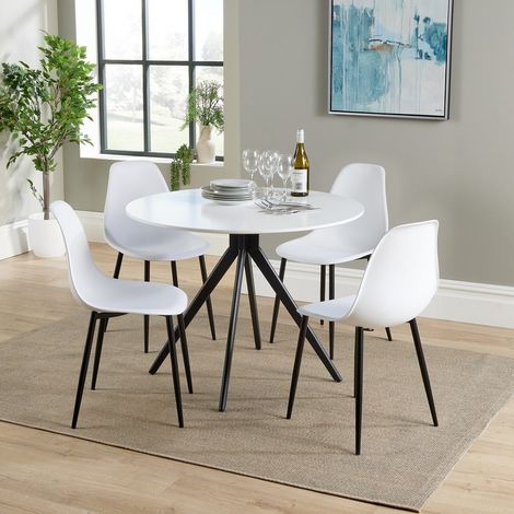 Aspen Round Dining Table and 4 Curve Plastic Seat Chairs with Metal Legs - White/Black - Flat Packed