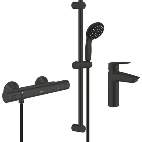 Grohe Set doccia Miscelatore termostatico da 1/2' per doccia + doccetta a 2 getti + asta da 600 mm + miscelatore per lavabo misura M,