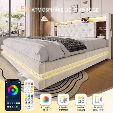 Lit capitonné 180x200 cm avec tiroirs, velours beige, tête de lit avec éclairage LED, ports USB et USB-C, levage hydraulique, sommier à lattes et étagères, rangement intégré (1/5)