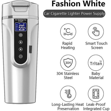 Tasse chauffante portable 12 V/24 V pour voiture, thermos en acier inoxydable, bouilloire de voiture avec écran LCD, blanche (1/5)