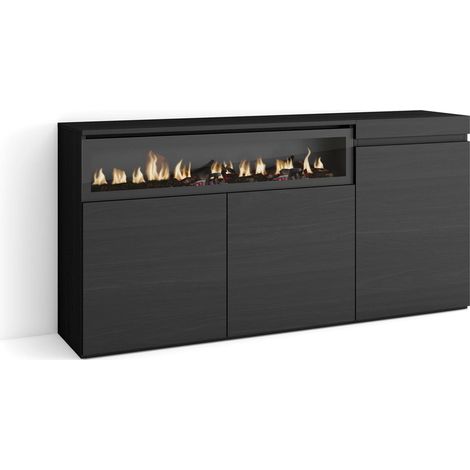 Skraut Home – Buffet moderne noir 150x35x75cm – 3 portes – Cheminée électrique à LED – Module de rangement avec étagère (1/5)