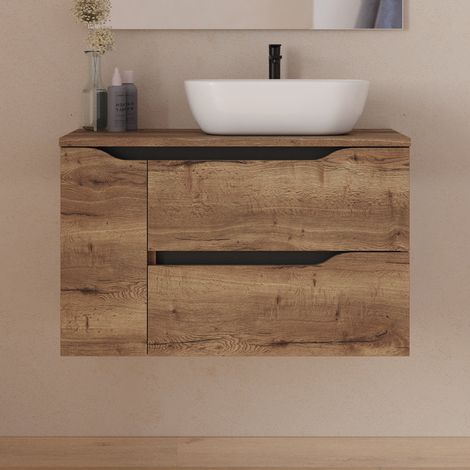 Meuble de salle de bain 80cm avec plateau et vasque à poser déportée à droite Zeus - sans miroir - 2 tiroirs et un placard - tabaco (bois foncé) - ZARZA