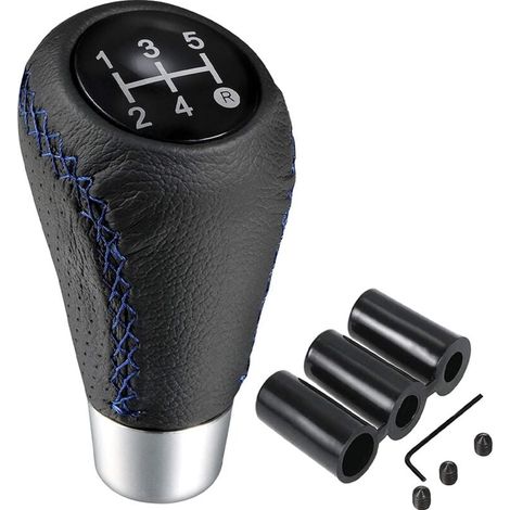 Pommeau Levier de 5 Vitesses Cuir Manuelle Boite de Changement Universel avec 8mm 10mm 12mm les Tuyaux pour Voiture Camion SUV Fourgons,Bleu (1/4)