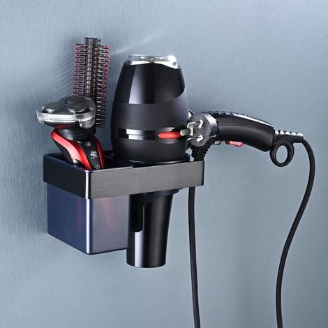 Klebehalterung für Haartrockner zur Wandmontage, Aluminiumhalterung mit Aufbewahrung und Kabel für das Badezimmer (Schwarz) (1/5)