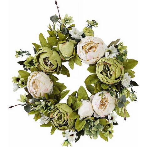 Guirlande Artificielle - Pivoine en Soie - Pour Porte d'Entrée Mur Extérieur Intérieur - Décoration Maison Café - 35 cm - Vert et Blanc - 1 Pièce (1/5)