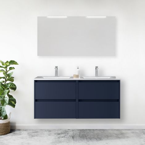 Mueble de baño suspendido de 140 cm en madera azul satinado con lavabo incorporado - Nova - Standard (1/5)