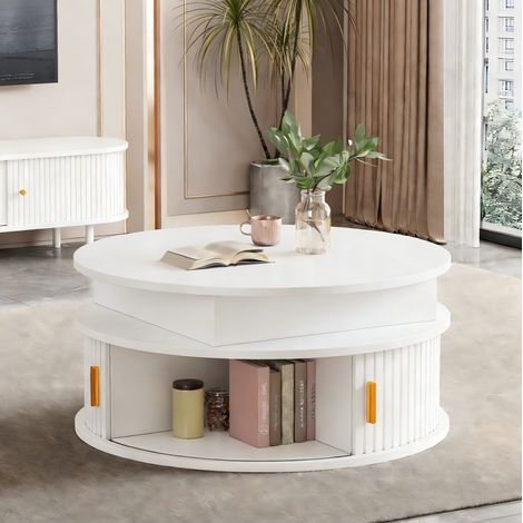 Mesa de centro elevable redonda de 75 cm con LED y almacenamiento oculto blanca DESVIAE (1/5)