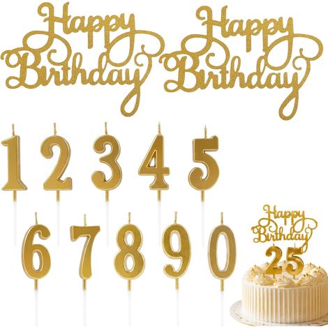 Set of 12 number birthday candles from 0 to 9 with gold "Happy Birthday" decorations - Elegant candles made of high-quality, non-toxic paraffin wax (1/5)