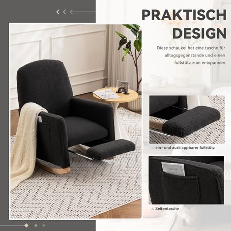 Fauteuil à bascule avec repose-pieds et ottoman, dossier haut pour salon, tissu peluche gris foncé, confort maximal, design moderne