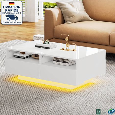 MODFU - Table basse blanc brillante avec LED, table d'appoint rectangulaire pour chambre et salon, 4 tiroirs, 90x55x35cm (1/5)