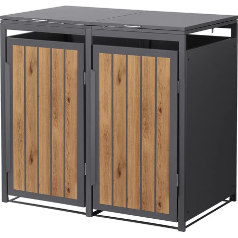 ML-Design Copribidone da Spazzatura per 2 Bidoni 240L 132x80x120 cm in Acciaio Antracite Effetto Rovere Chiaro con Porte e Tetto a Ribalta, Resistente alle Intemperie, Deposito per Bidoni di Rifiuti (1/5)