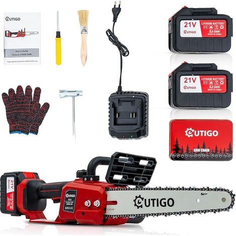 OUTIGO Akku-Kettensäge, Kettensäge, 12-Zoll-Kettensäge mit 2 x 4500 mAh Batterien, 1 Kette und 1 Sägeblatt, kabellose Mini-Elektro-Kettensäge 1000W