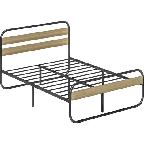 Lit double 140 x 190 cm, cadre de lit de style industriel, comprenant le cadre de lit et le couvre-lit, extérieur en bois.