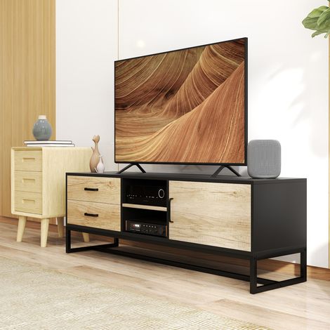 Mobile porta TV per televisori fino a 60 pollici, mobile TV con vani a giorno, 2 cassetti, legno naturale (1/5)