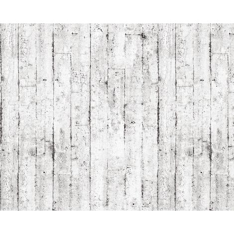 Empapelado aspecto madera EDEM 81108BR05 papel pintado vinílico estampado en caliente con dorso textil ligeramente texturado de estilo shabby chic mate blanco gris marrón 10,65 m2 (1/5)