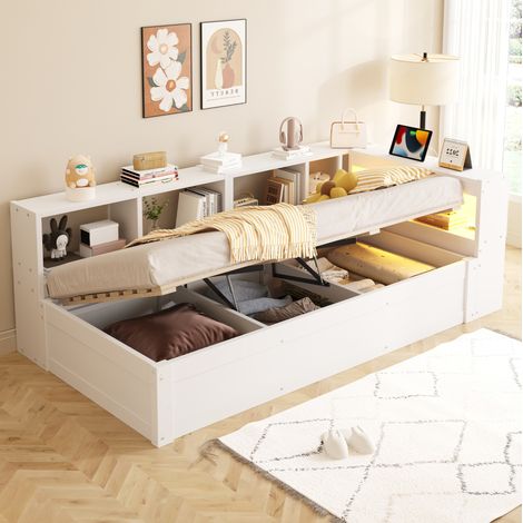 Letto singolo multifunzione 90x200 cm moderno, legno di pino/MDF bianco, testiera con LED, presa integrata e vano idraulico (1/5)