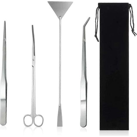 Kit d'aménagement d'aquarium 4 en 1, outils en acier inoxydable, ciseaux, spatule, pinces et sac de rangement noir. (1/5)