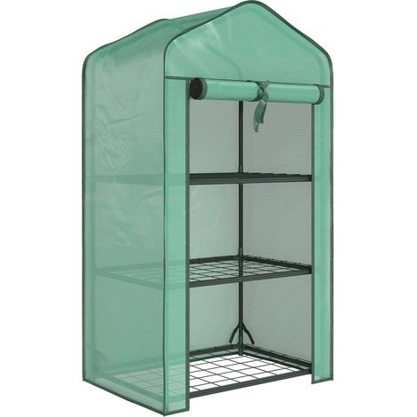 Mini Serra da Giardino 59x39x127 cm con 3 Ripiani e Porta Avvolgibile Copertura in PE Verde (1/5)