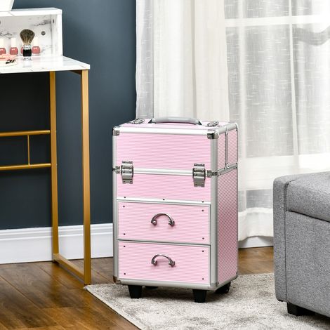 Valisette de maquillage professionnelle, chariot de maquillage renforcé avec verrou à 2 clés et roues, 36x23x58 cm, Rose (1/5)